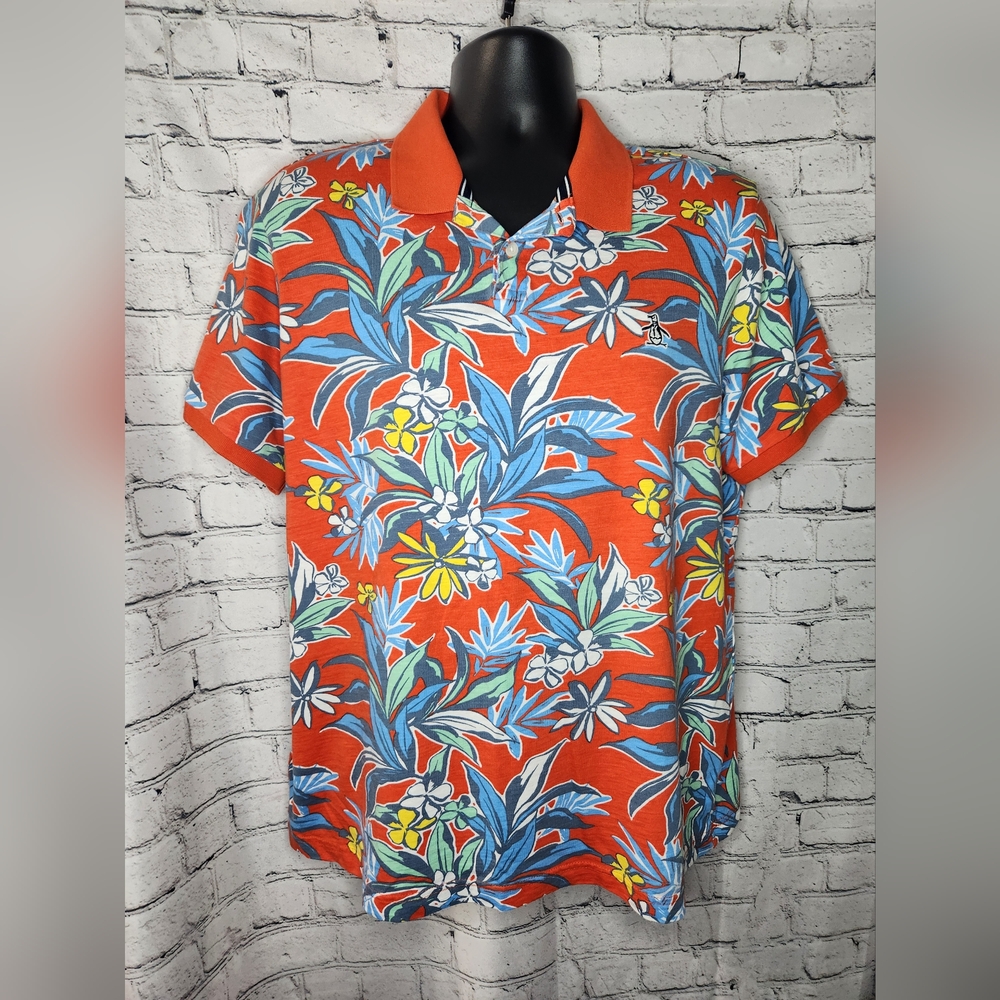 Original Penguin Men's Floral Hawaiian Spicy Orange Short Sleeve Polo Size‎ XL